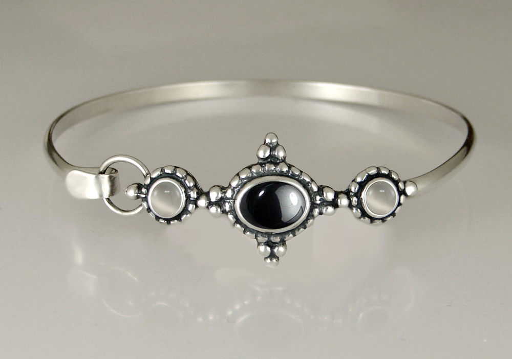 Sterling Silver Strap Latch Spring Hook Bangle Bracelet With Hematite And White Moonstone